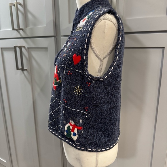 Christmas Zip Up Sweater Vest Blue Snowman Santa Beads Appliqué Embroidery sz PL - Picture 3 of 6